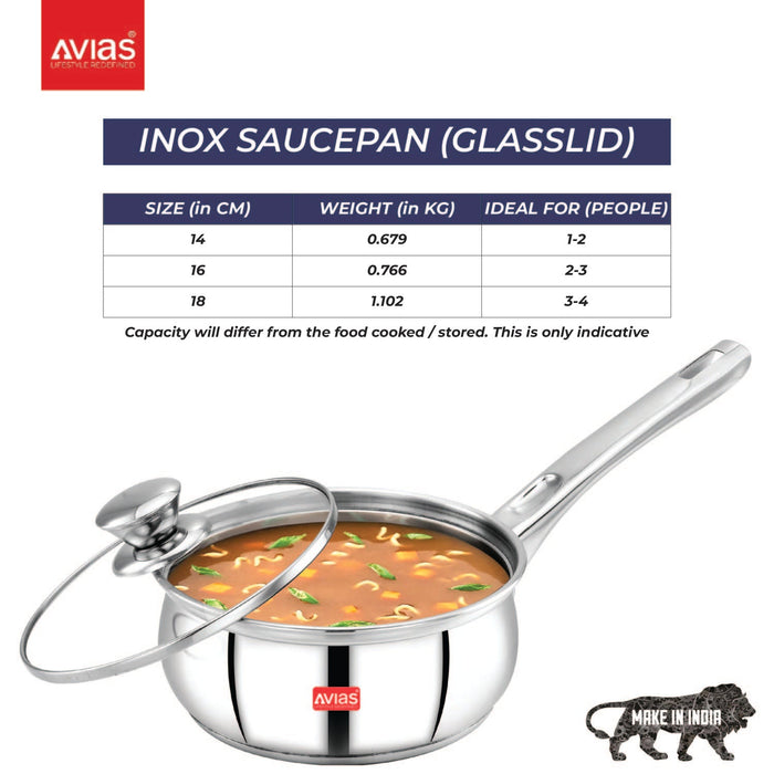 Inox Ib Stainless Steel Saucepan With Glass Lid | Premium Quality Stainless Steel With Sandwich Bottom | Cook And Serve | Induction And Gas Stove Friendly |14Cm/ 16Cm/ 18Cm | Silver