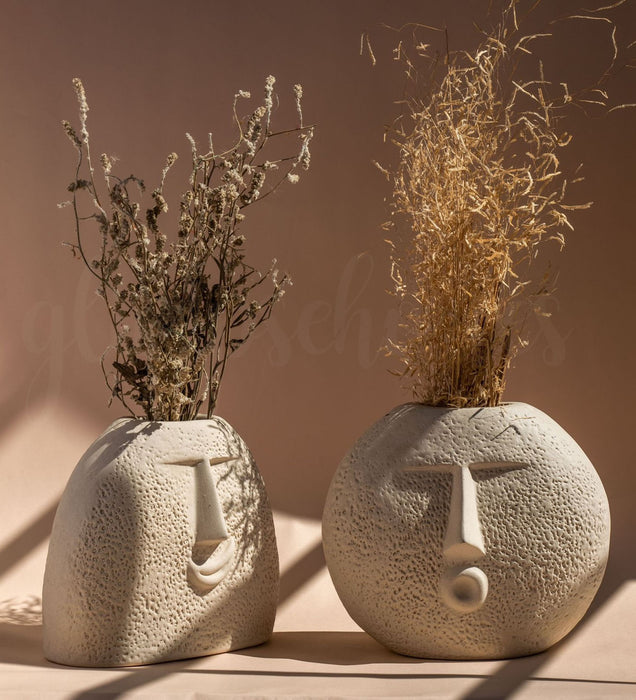 Ceramic Flower Vase (Set of 2) | Upbeat Face Vase 5.5" & Blowing Kiss Face Vase 6" (Ivory, Raw Finish)