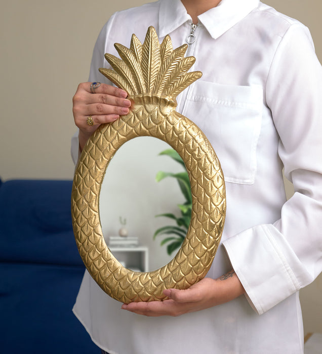 Peppy Pineapple Designer Mirror | Wall Decor | Gold Polished Metal | 18 Inch