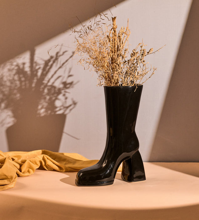 The Glimpse Boot Vase | Modern & Minimalist | 11 inch Ceramic Flower Vase (Gloss Black)