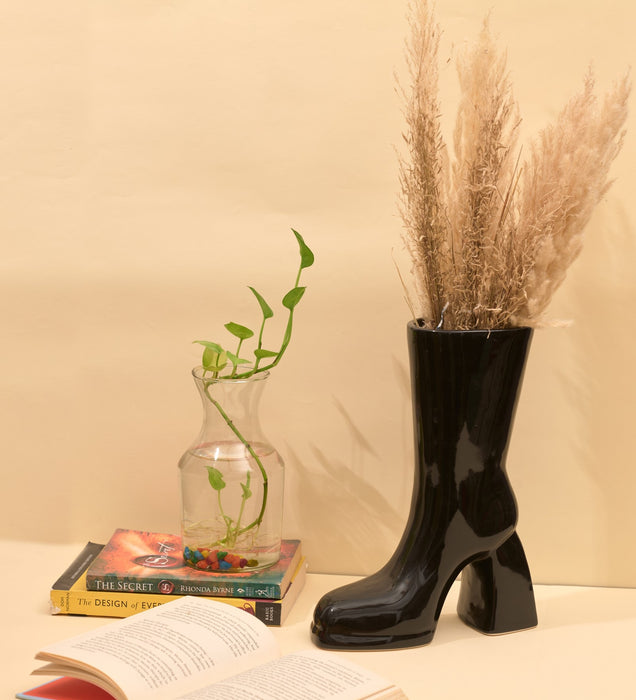 The Glimpse Boot Vase | Modern & Minimalist | 11 inch Ceramic Flower Vase (Gloss Black)