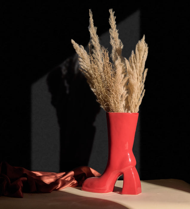 The Glimpse Boot Vase | Modern & Minimalist | 11 inch Ceramic Flower Vase (Gloss Red)