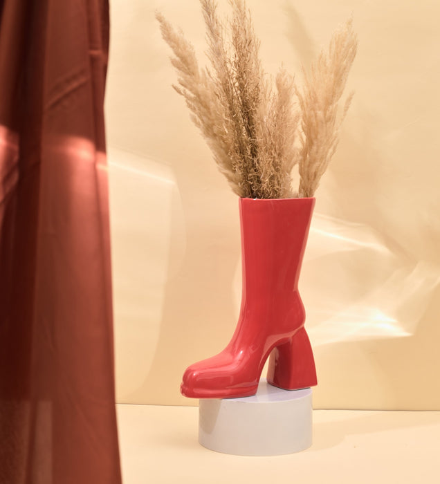 The Glimpse Boot Vase | Modern & Minimalist | 11 inch Ceramic Flower Vase (Gloss Red)