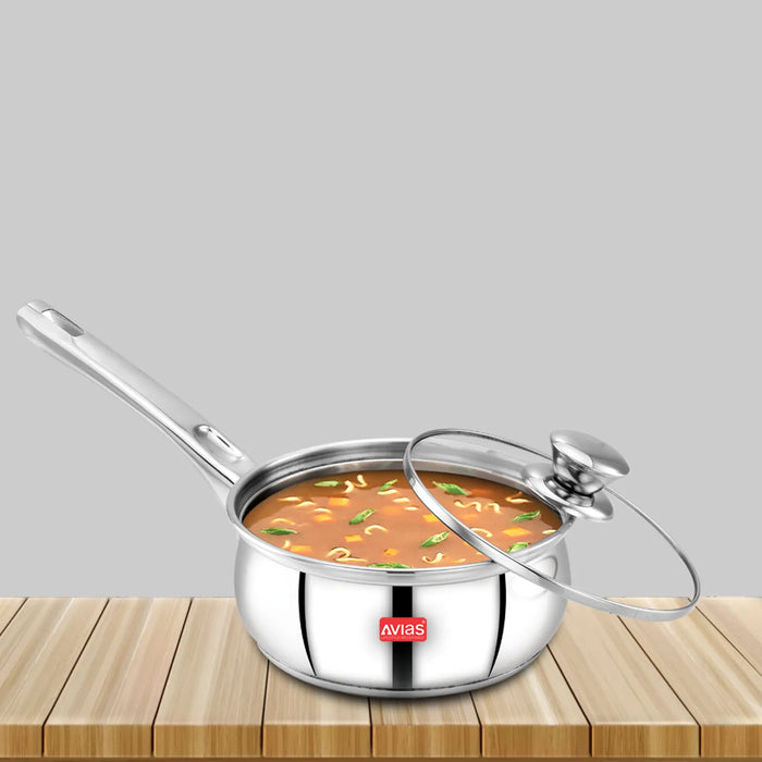 Inox Ib Stainless Steel Saucepan With Glass Lid | Premium Quality Stainless Steel With Sandwich Bottom | Cook And Serve | Induction And Gas Stove Friendly |14Cm/ 16Cm/ 18Cm | Silver