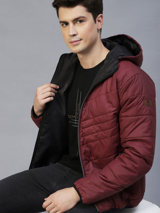 Wine Hooded Full Sleeves Puffer Jacket