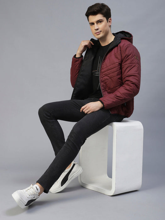 Wine Hooded Full Sleeves Puffer Jacket