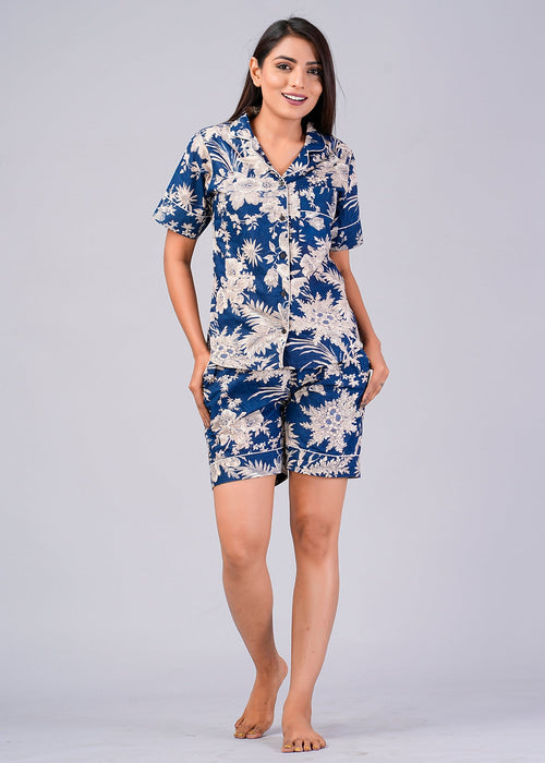 Floral Pattern Night Dress For Women (Blue)-ND-13