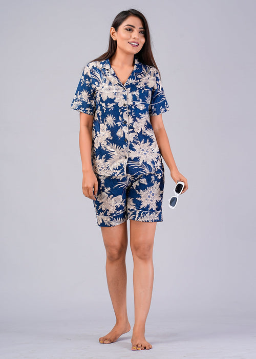 Floral Pattern Night Dress For Women (Blue)-ND-13