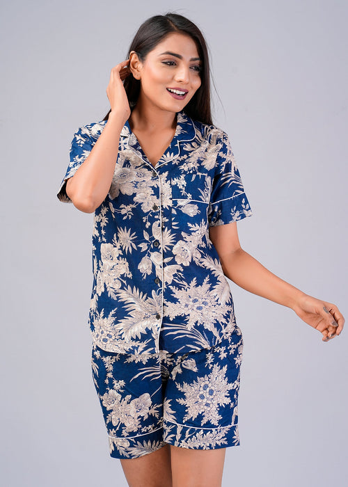 Floral Pattern Night Dress For Women (Blue)-ND-13