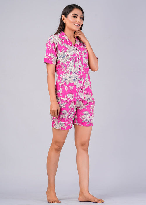 Floral Pattern Night Dress For Women (Pink)-ND-16