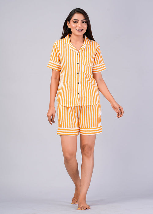 Stripes Pattern Night Dress For Women (Mustard)-ND-8