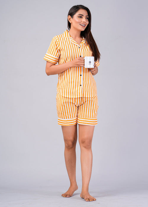 Stripes Pattern Night Dress For Women (Mustard)-ND-8