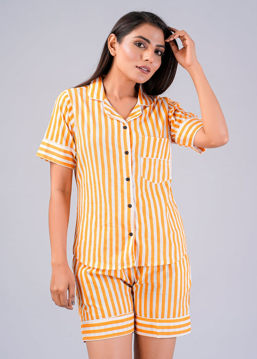 Stripes Pattern Night Dress For Women (Mustard)-ND-8