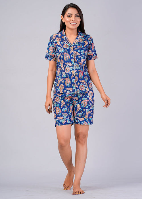 Floral Pattern Night Dress For Women (Blue)-ND-12