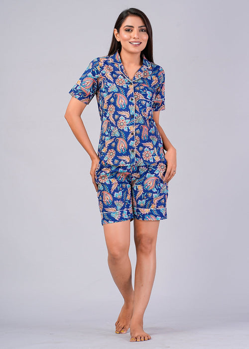 Floral Pattern Night Dress For Women (Blue)-ND-12