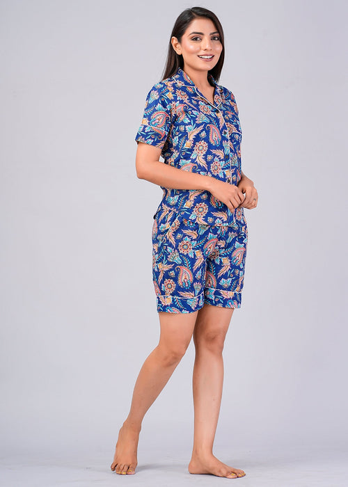 Floral Pattern Night Dress For Women (Blue)-ND-12