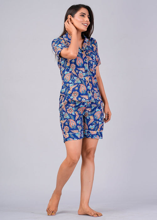 Floral Pattern Night Dress For Women (Blue)-ND-12