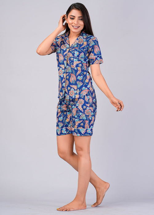 Floral Pattern Night Dress For Women (Blue)-ND-12