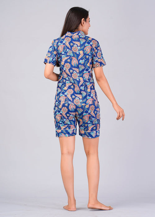 Floral Pattern Night Dress For Women (Blue)-ND-12