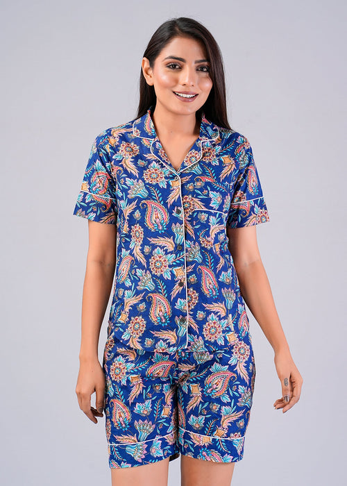 Floral Pattern Night Dress For Women (Blue)-ND-12