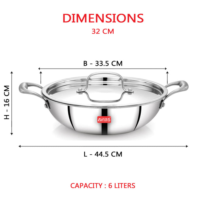 Riara Premium Stainless Steel Triply Kadai/ Kadhai With Lid | 3 Layer | Steel Casted Stay-Cool Handles | 2.5 Mm Thickness | Induction Base | 1.25L/ 1.5 L/ 1.75L