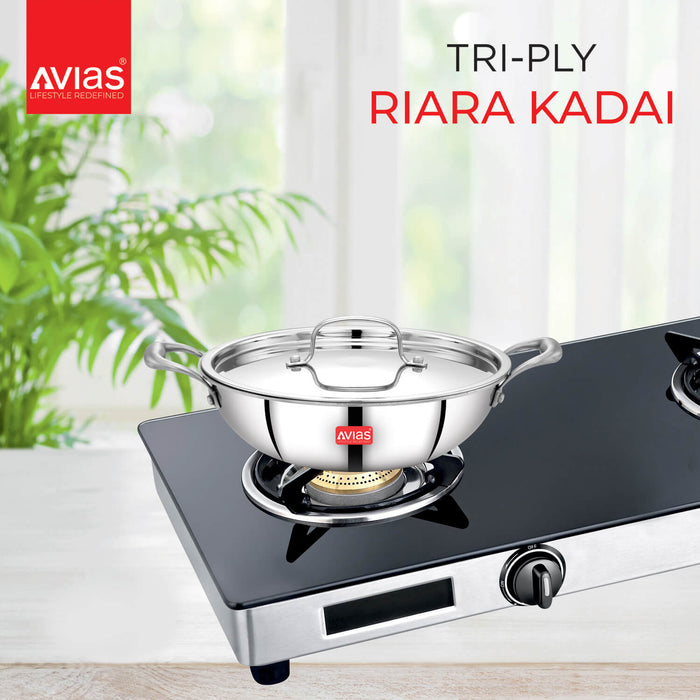 Riara Premium Stainless Steel Triply Kadai/ Kadhai With Lid | 3 Layer | Steel Casted Stay-Cool Handles | 2.5 Mm Thickness | Induction Base | 1.25L/ 1.5 L/ 1.75L