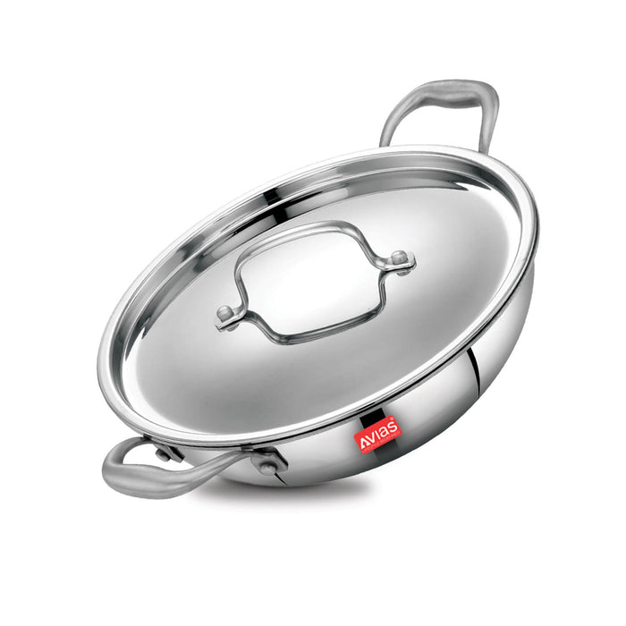 Riara Premium Stainless Steel Triply Kadai/ Kadhai With Lid | 3 Layer | Steel Casted Stay-Cool Handles | 2.5 Mm Thickness | Induction Base | 1.25L/ 1.5 L/ 1.75L