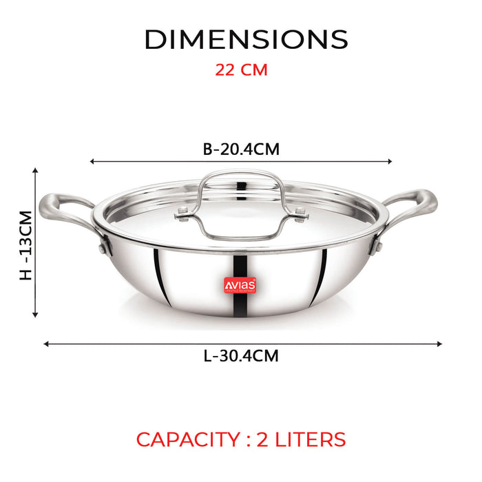 Riara Premium Stainless Steel Triply Kadai/ Kadhai With Lid | 3 Layer | Steel Casted Stay-Cool Handles | 2.5 Mm Thickness | Induction Base | 1.25L/ 1.5 L/ 1.75L