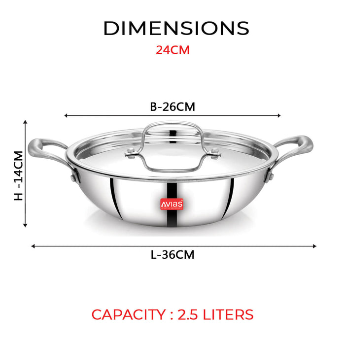 Riara Premium Stainless Steel Triply Kadai/ Kadhai With Lid | 3 Layer | Steel Casted Stay-Cool Handles | 2.5 Mm Thickness | Induction Base | 1.25L/ 1.5 L/ 1.75L