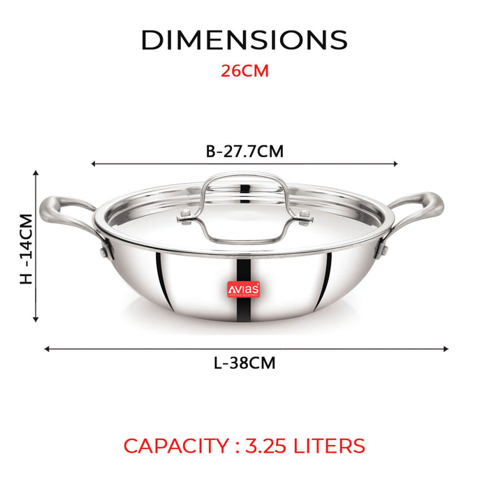 Riara Premium Stainless Steel Triply Kadai/ Kadhai With Lid | 3 Layer | Steel Casted Stay-Cool Handles | 2.5 Mm Thickness | Induction Base | 1.25L/ 1.5 L/ 1.75L