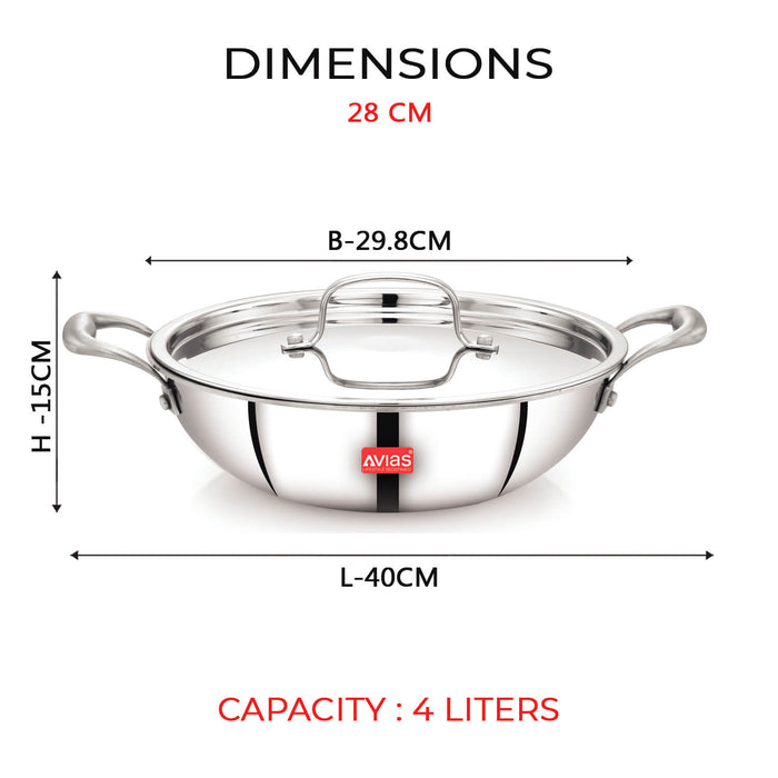 Riara Premium Stainless Steel Triply Kadai/ Kadhai With Lid | 3 Layer | Steel Casted Stay-Cool Handles | 2.5 Mm Thickness | Induction Base | 1.25L/ 1.5 L/ 1.75L