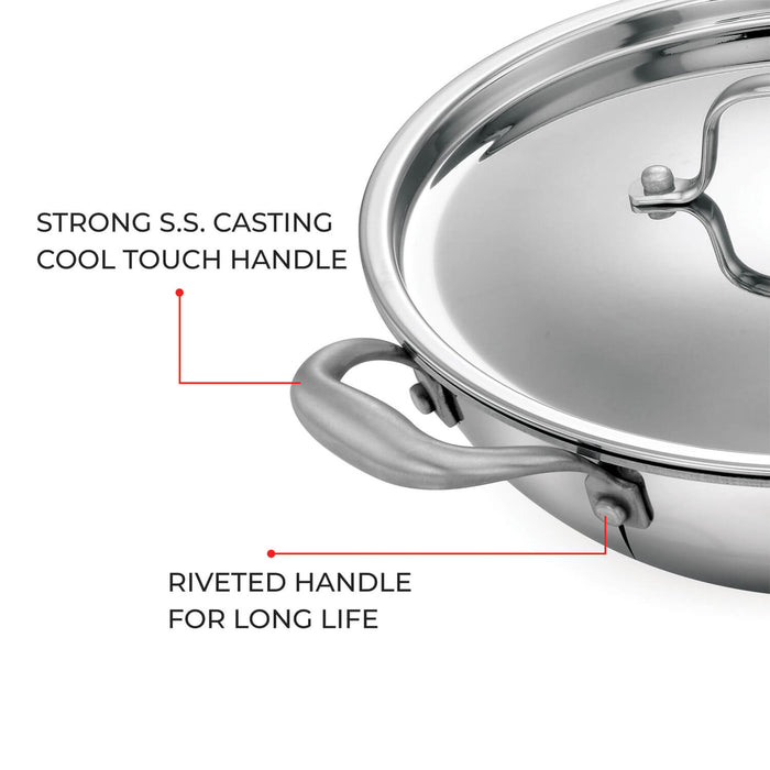 Riara Premium Stainless Steel Triply Kadai/ Kadhai With Lid | 3 Layer | Steel Casted Stay-Cool Handles | 2.5 Mm Thickness | Induction Base | 1.25L/ 1.5 L/ 1.75L