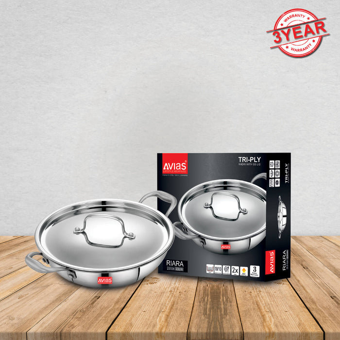 Riara Premium Stainless Steel Triply Kadai/ Kadhai With Lid | 3 Layer | Steel Casted Stay-Cool Handles | 2.5 Mm Thickness | Induction Base | 1.25L/ 1.5 L/ 1.75L