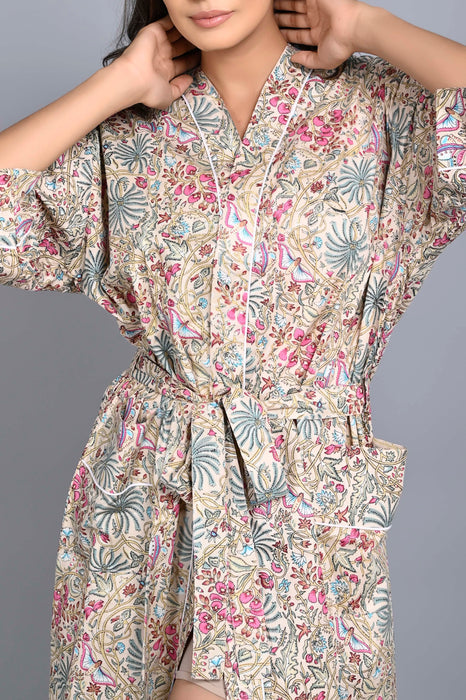 Floral Pattern Kimono Robe Long Bathrobe For Women (Multi)-KM-149