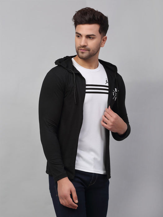 Black Back Print Hooded Cotton Full Sleeve Cardigan