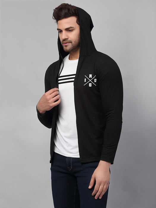 Black Back Print Hooded Cotton Full Sleeve Cardigan