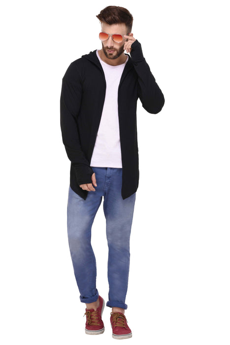 Black Hooded With Thumbhole open Long Cardigan Full Sleeve Shrug for Men