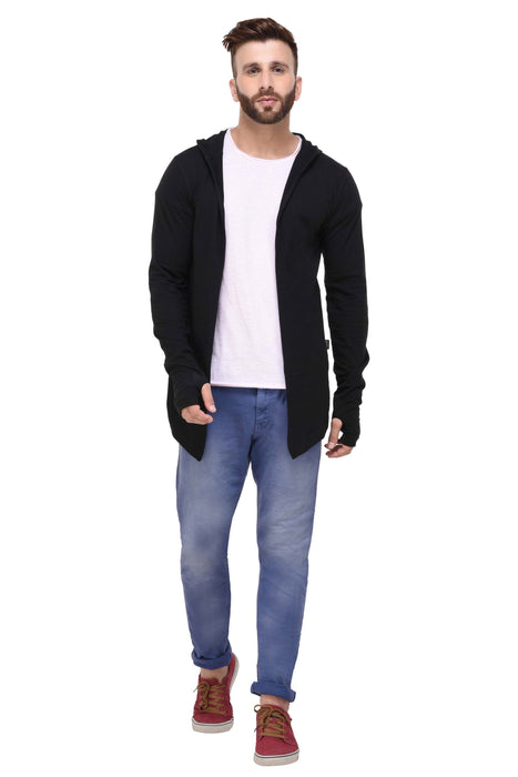 Black Hooded With Thumbhole open Long Cardigan Full Sleeve Shrug for Men