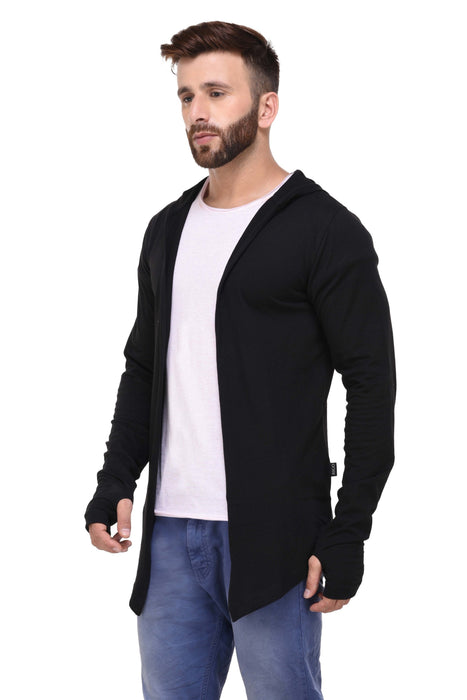 Black Hooded With Thumbhole open Long Cardigan Full Sleeve Shrug for Men