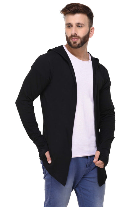 Black Hooded With Thumbhole open Long Cardigan Full Sleeve Shrug for Men