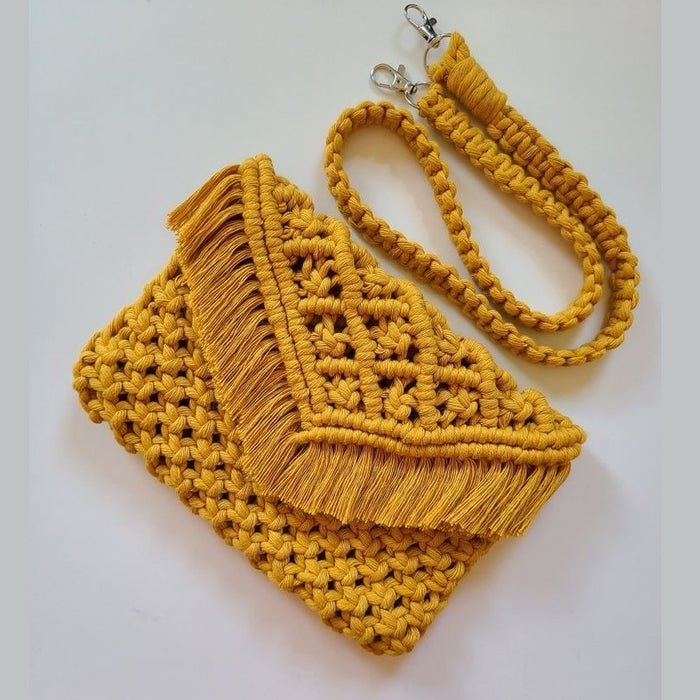 Ladies Macrame Clutch With Belt Strap (Mustard)