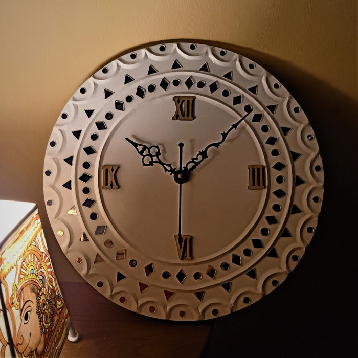 Ceramic Wooden Kutch Lippan Mud & Mirror Work Wall Clock