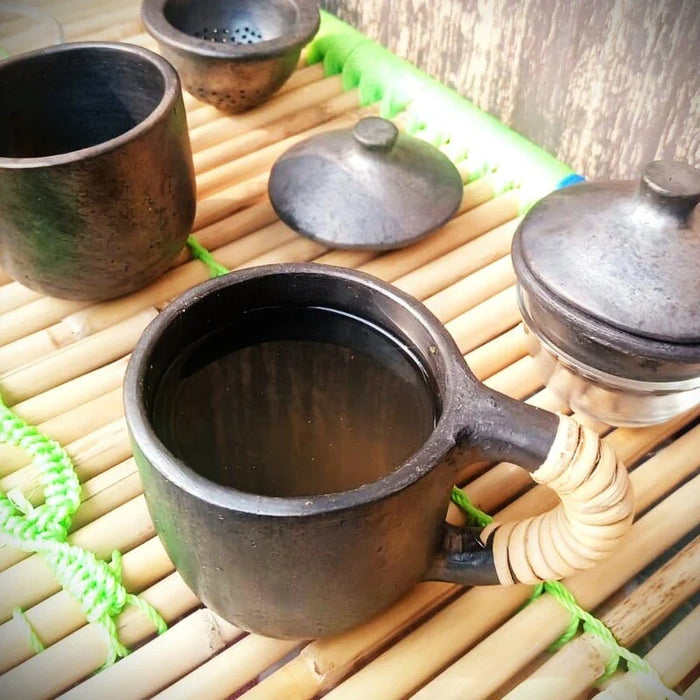 Longpi Black Pottery Green/Infusion Tea Mug With Strainer And Lid