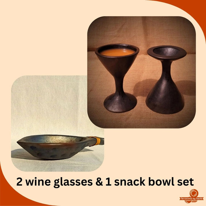 Longpi Black Pottery Wine Glasses And Snack Bowls Gift Set