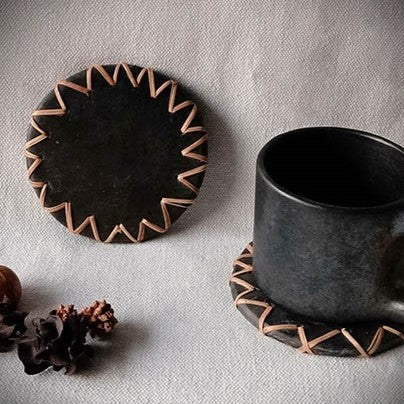 Longpi Black Pottery Coasters Round Set Of 2