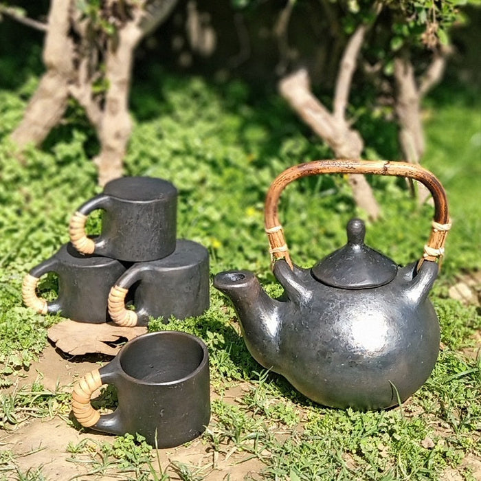 Longpi Black Pottery Flame-Safe Kettle+Mugs Set