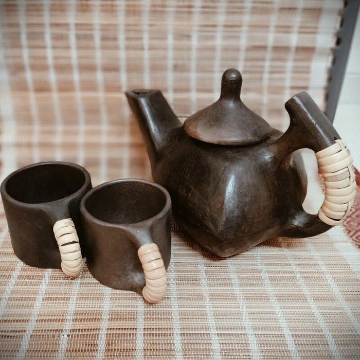 Longpi Black Pottery Small Tea Set With Triangular Teapot