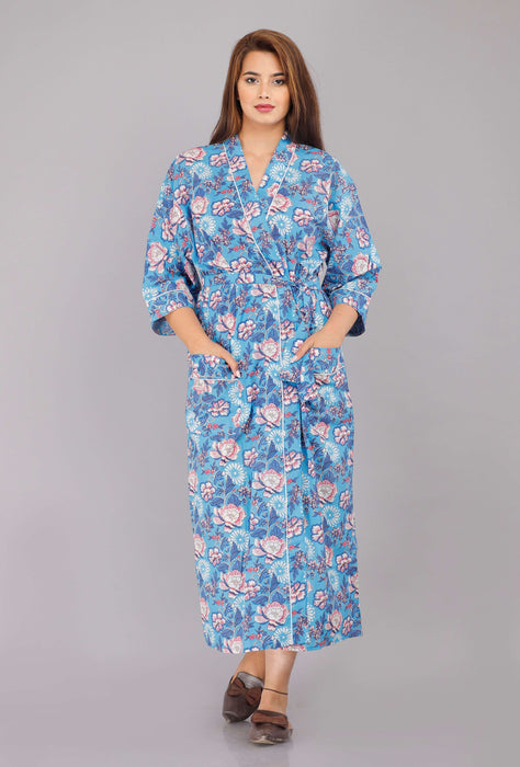 Floral Pattern Kimono Robe Long Bathrobe For Women (Blue)-KM-1