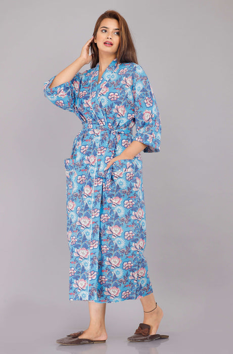 Floral Pattern Kimono Robe Long Bathrobe For Women (Blue)-KM-1