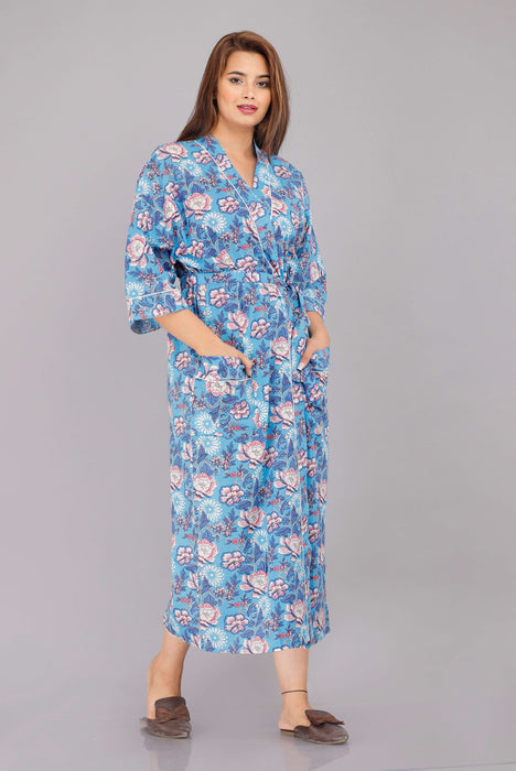 Floral Pattern Kimono Robe Long Bathrobe For Women (Blue)-KM-1